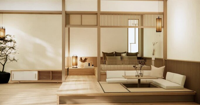 Modern japan style bedroom decorated and minimalist bed. 3d rendering