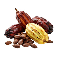 Cacao pods and beans pile isolated on transparent background, PNG
