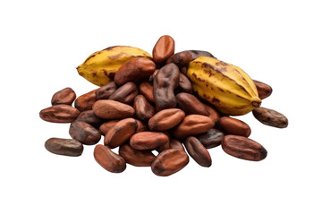 Cacao pods and beans pile isolated on transparent background, PNG