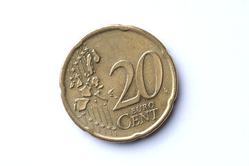 the obverse of a 2002 European 20 cent coin that has been in circulation and has minor scuffs and...
