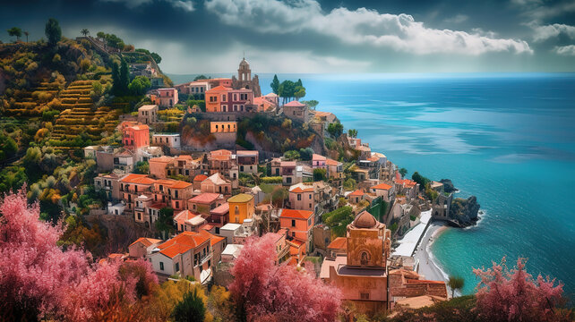 View on town Taormina from Castelmola, Sicily. Generative Ai