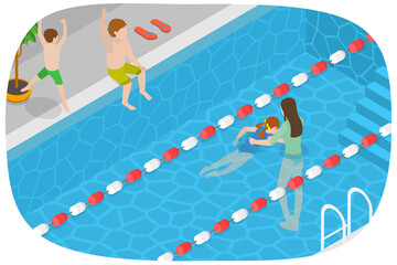 3D Isometric Flat  Conceptual Illustration of Swimming Classes