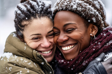 Mixed white Caucasian and Black African lesbian couple on a winter day - smiling happy, snow falling around, their faces together, intimate candid moment. Generative AI