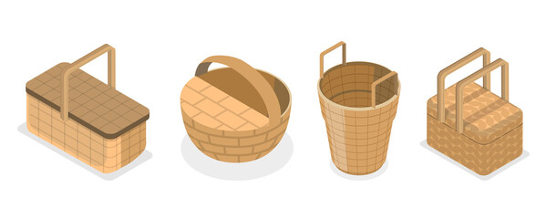 3D Isometric Flat  Set of Baskets - obrazy, fototapety, plakaty
