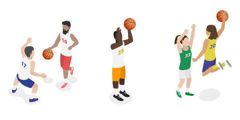 3D Isometric Flat  Set of Basketball Players