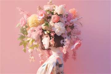 A girl in an Japanese costume with flowers on her head on a pink background.