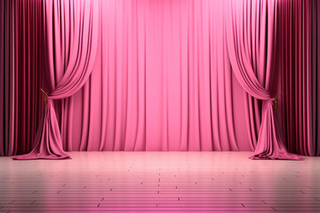 Pink stage curtains velvet curtains and wooden stage floor.