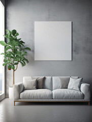 grey sofa next to plant with empty blank poster on grey wall, perfect for wall art, poster, print, art, decoration mock up