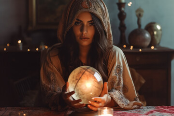 Gypsy young woman fortune teller working with glowing crystal ball, predicting future, looking directly into camera, esoteric mysticism decorations in background. Generative AI - obrazy, fototapety, plakaty