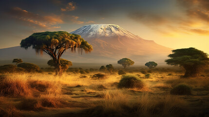 Kilimanjaro on african savannah. Generative Ai - obrazy, fototapety, plakaty