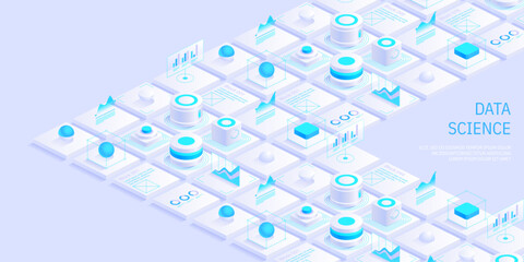 Modern isometric design concept of data science and analysis. Technology background. Illustration for websites, landing pages, mobile applications, posters and banners