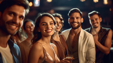 Obraz premium young adult woman is in a bar at night, nightlife and going out, meeting people and partying, partying and having fun, out with friends, fictional location