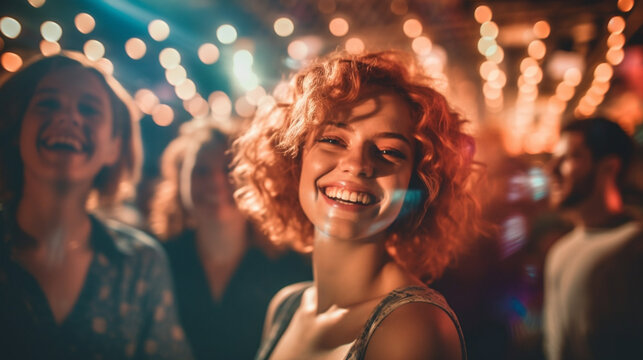 young adult woman is in a bar at night, nightlife and going out, meeting people and partying, partying and having fun, out with friends, fictional location
