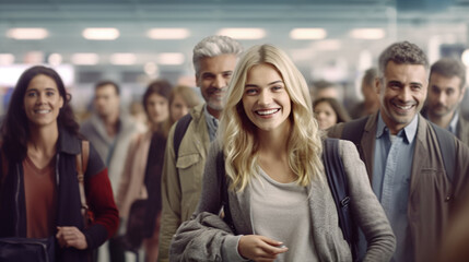 Obraz premium young adult woman and work colleagues go on a business trip, at the airport or train station, fictional place