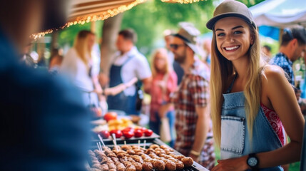 Naklejka premium caucasian adult woman at a garden party with family and friends, kids and siblings, BBQ grill party