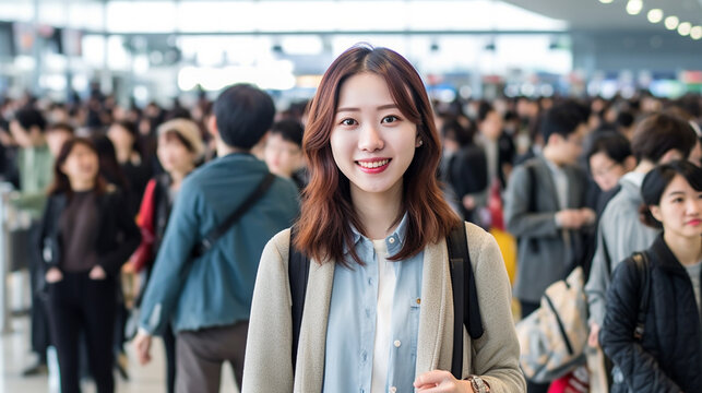 young adult woman or teenage girl, at a train station or airport, fictitious place, with a jacket, crowd busy