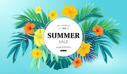 Summer tropical design for banner or flyer with exotic palm leaves, hibiscus flowers and space for text.