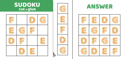 Sudoku with four cookie letters. D E F G. Game puzzle for little kids. Cut and glue. Cartoon