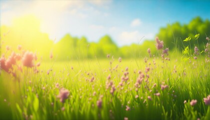 Fototapeta na wymiar Abstract Spring Splendor with Blooming Flowers, Trees, and Bokeh in a Serene Summer Meadow Landscape