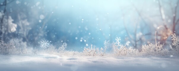 Beautiful winter snow background banner with snowdrifts, with beautiful light and snow flakes on the blue sky. Ai generative.