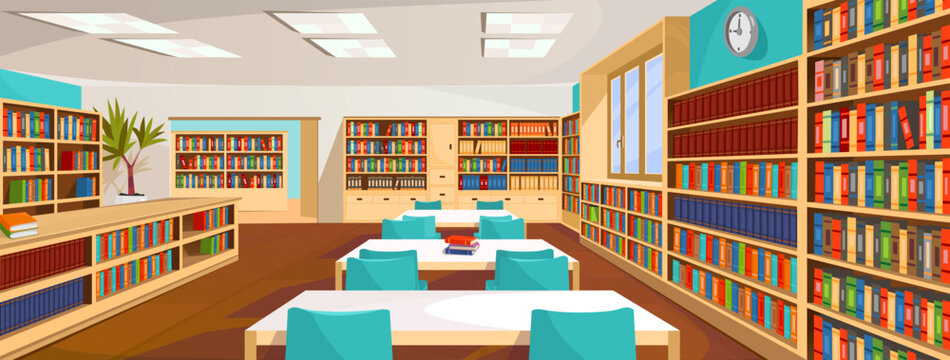An interior design of a reading room in a public library. An empty modern school or university library with bookshelves full of books, tables, and chairs for studying. Cartoon vector illustration.