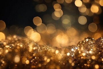 Beautiful abstract defocused Christmas background. Golden Christmas lights sparkle. Ai generative.
