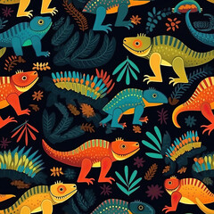 Cartoon lizards cute funny seamless repeat pattern tropical Mexican [Generative AI]
