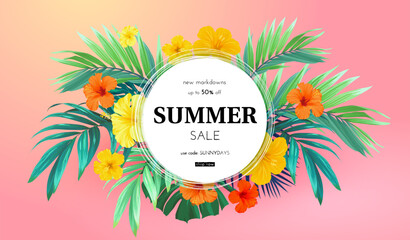 Summer tropical design for banner or flyer with exotic palm leaves, hibiscus flowers and space for text.
