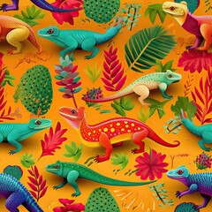 Cartoon lizards cute funny seamless repeat pattern tropical Mexican [Generative AI]
