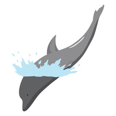 Dolphin jumping out of water animation element. Illustration of dolphin performing an acrobatic jump in the ocean. Great for marine life or summer vacation designs