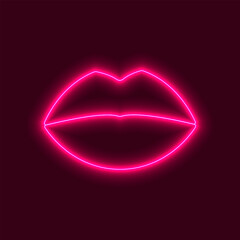 Pink neon lips. Neon icon on the dark background
