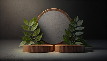 Wooden podium with leaf for product exhibition 