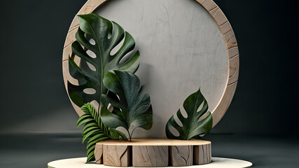 Wooden podium with leaf for product exhibition 