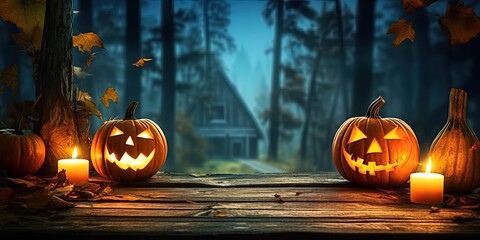 Autumn decor and halloween concept with decorative pumpkins. Vintage design on a wooden table for your projects in the forest for holidays. Fun and happy concept Generative AI illustrations