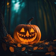 Halloween pumpkins and jack o lanterns on dark creepy background and beautiful misty atmosphere,. Generative AI