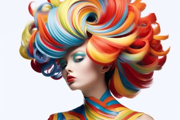 Fototapeta premium Illustration of a woman with vibrant multicolored hair posing for a photo generated by artificial intelligence created with Generative AI technology