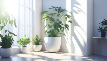 A serene white interior is adorned with carefully placed potted plants, basking in the gentle embrace of sunlight