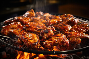 Closeup of chicken wings on a bbq grill. AI generative