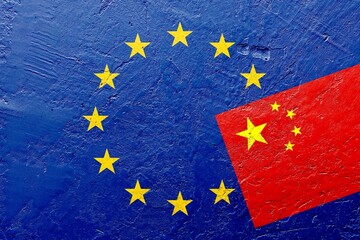 China flag on EU flag background - obrazy, fototapety, plakaty