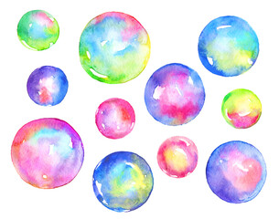 A set of watercolor soap bubbles isolated over white