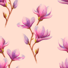 Hand drawn watercolor magnolia seamless pattern