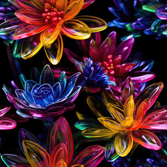 Fototapeta na wymiar Colorful glass flowers seamless repeat pattern on black [Generative AI] 