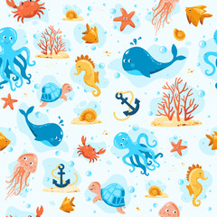 Ocean life. Endless vector illustration. Jellyfish, crab, turtle, octopus, fish, coral, starfish, seahorse, shell, whale, anchor. Aquatic wildlife. Underwater. Kids marine set with sea creatures
