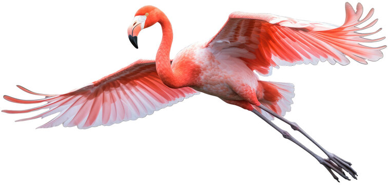 Red flying flamingo bird isolated on a transparent background, generative AI animal