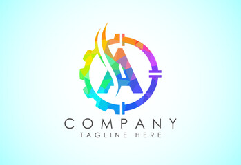 Initial low poly alphabet with gear pipe and flame. Oil and gas logo concept