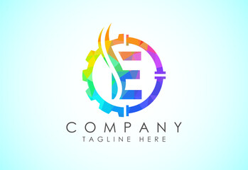 Initial low poly alphabet with gear pipe and flame. Oil and gas logo concept