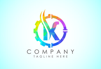 Initial low poly alphabet with gear pipe and flame. Oil and gas logo concept