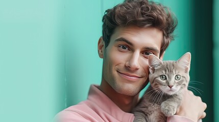 happy cat owner smiling holding his cat in arm, green background, Generative Ai