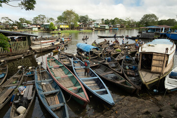 Fototapeta na wymiar wooden boat in leticia Colombia amazon rainforest river 