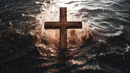 Wooden cross stands surrounded by water. Generative AI